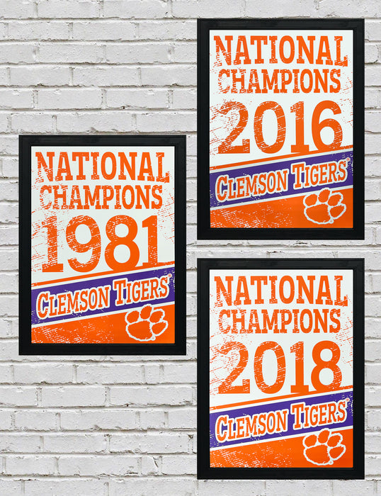 Limited Edition 3-Pack Clemson Tigers National Champions Poster Art - 13x19"