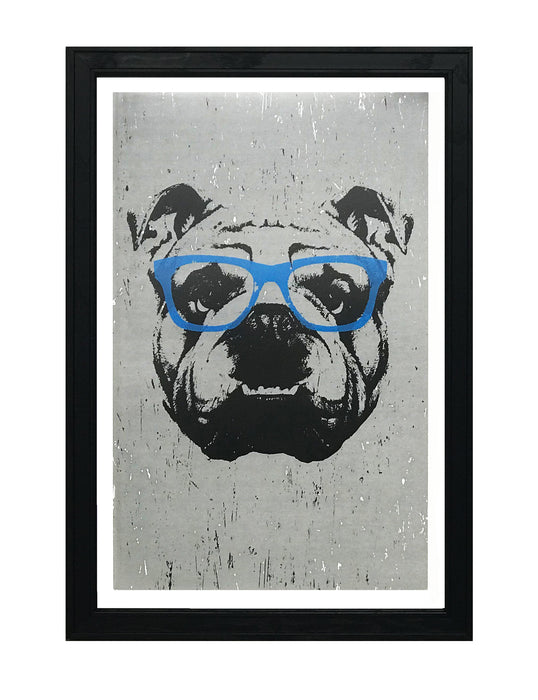 Limited Edition English Bulldog Art Poster / Print with Blue Glasses - 13x19"