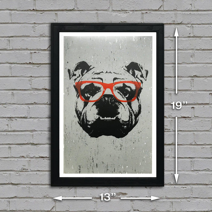 Limited Edition English Bulldog Art Poster with Orange Glasses - 13x19"