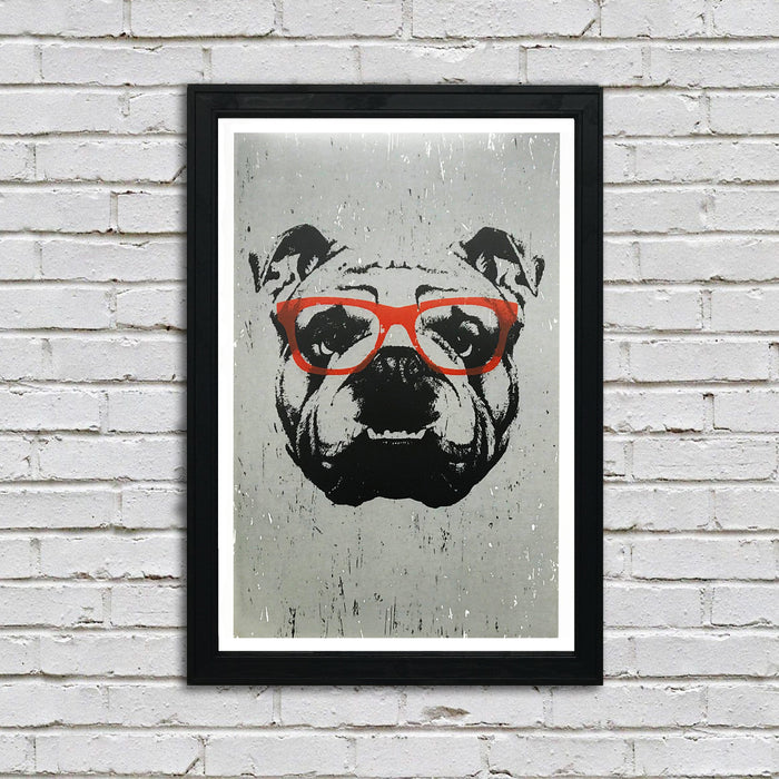 Limited Edition English Bulldog Art Poster with Orange Glasses - 13x19"