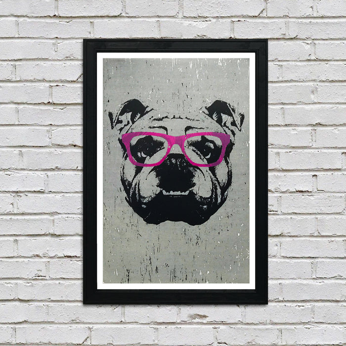 Limited Edition English Bulldog with Pink Glasses Art Print / Poster - 13x19"