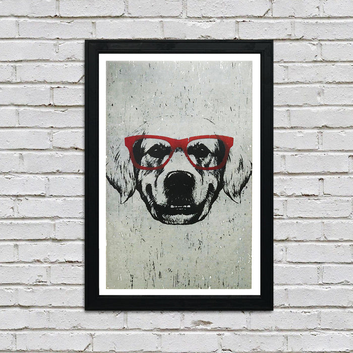 Limited Edition Golden Retriever with Red Glasses Art Poster / Print - 13x19"