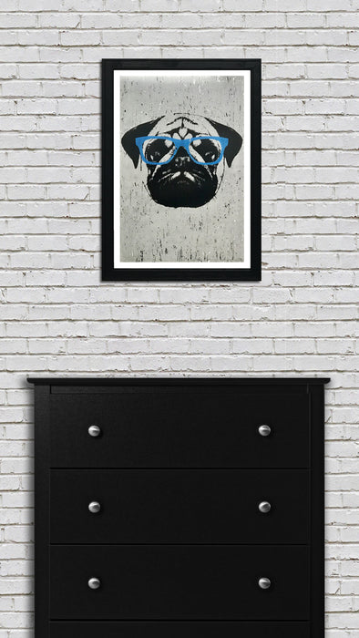 Limited Edition Pug Art Poster with Blue Glasses - 13x19"