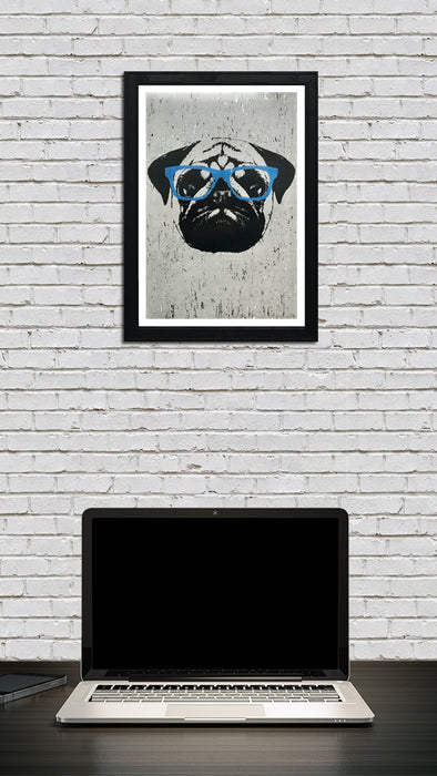 Limited Edition Pug Art Poster with Blue Glasses - 13x19"