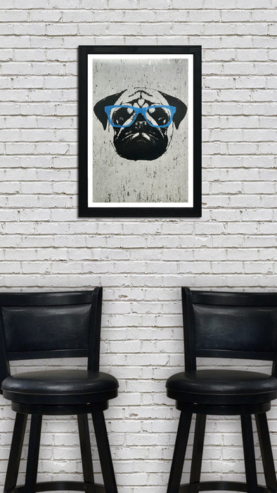 Limited Edition Pug Art Poster with Blue Glasses - 13x19"