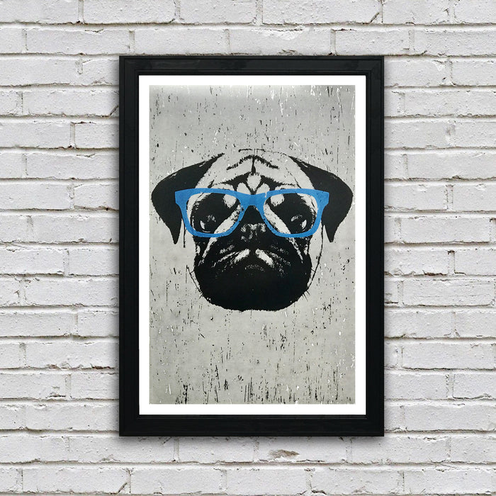 Limited Edition Pug Art Poster with Blue Glasses - 13x19"