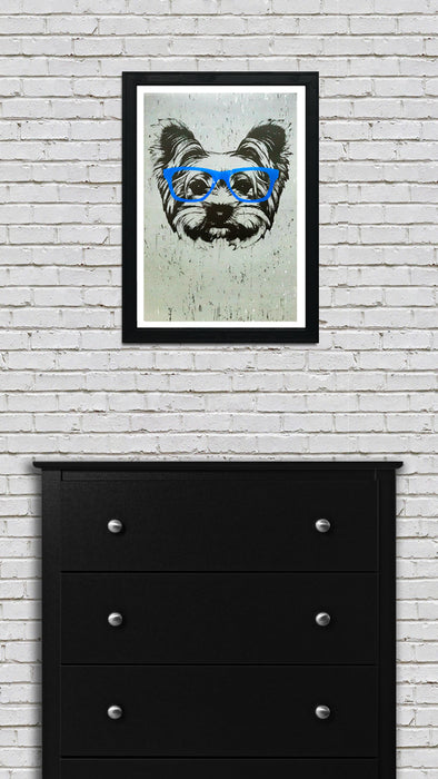 Limited Edition Yorkshire Terrier with Blue Glasses Art Poster / Print - 13x19"