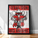 A framed poster featuring a cartoon character with a mustache and a gun, representing the Texas Tech Red Raiders.