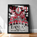 The image is a framed poster with a black and white design featuring a skull and various text elements.