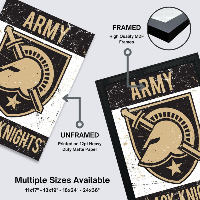 The image is a framed poster featuring the logo of the Army Knights, a military unit. The poster is available in multiple sizes, including 11x17 to 24x36 inches. The poster is printed on 12pt heavy duty matte paper, and it is framed with high-quality MDF frames.