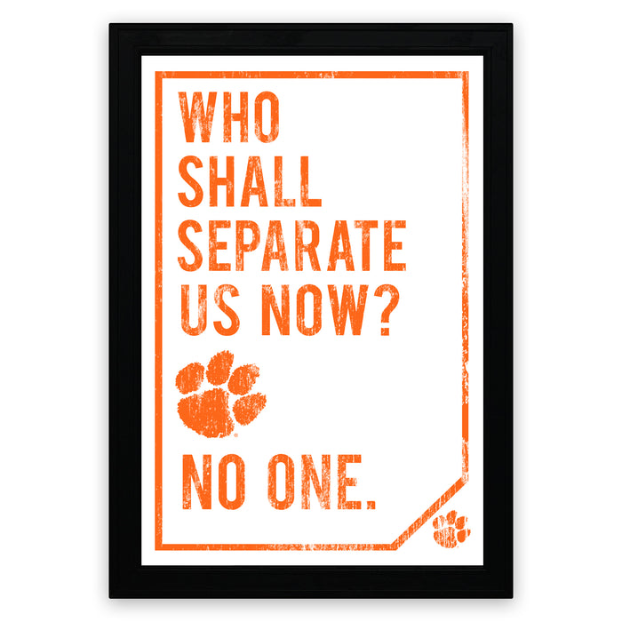 a framed poster with the text "WHO SHALL SEPARATE US NOW? NO ONE." The poster has a distressed orange and white color scheme and features a paw print symbol.