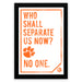 a framed poster with the text "WHO SHALL SEPARATE US NOW? NO ONE." The poster has a distressed orange and white color scheme and features a paw print symbol.