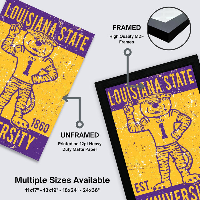 The image is a framed poster of the LSU Tigers, a football team, with multiple sizes available.
