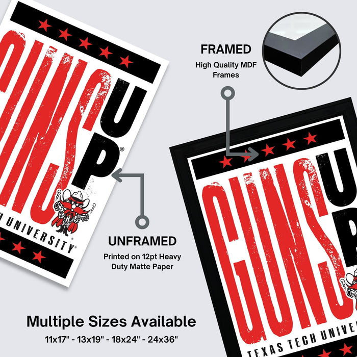 The image is a promotional poster for Texas Tech University, featuring the band Guns N' Roses. The poster is framed and unframed, with the framed version highlighting its high-quality MDF frames. Multiple sizes are available, including 11x17 to 24x36 inches, and the poster is printed on 12pt heavy duty matte paper.