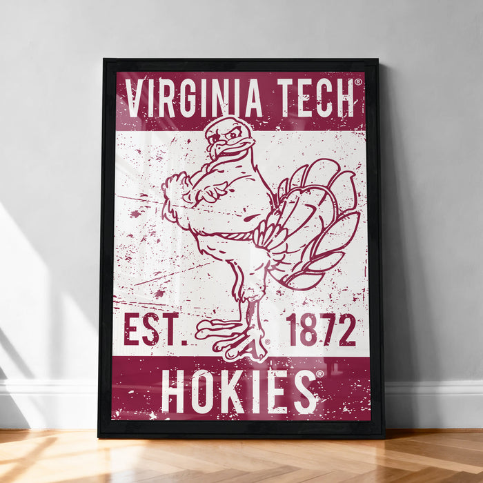 A framed poster featuring a turkey with a banner that reads "VIRGINIA TECH EST. 1872 HOKIES".