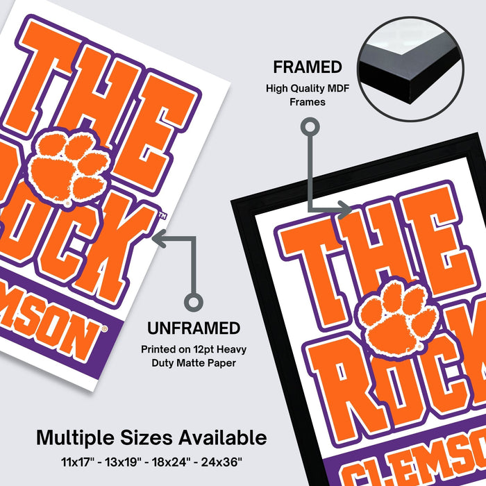 The image is a promotional poster for a college, specifically the University of Clemson. It features the university's logo and name in orange and purple colors. The poster is framed and labeled as "FRAMED" and "UNFRAMED" to indicate the framing method. It also displays multiple sizes available, including 11x17 - 13x24 - 18x24 - 24x36" for the poster sizes.