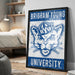A framed poster of the University of Utah's mascot, a cat wearing a hat, is displayed on a wall in a bedroom.