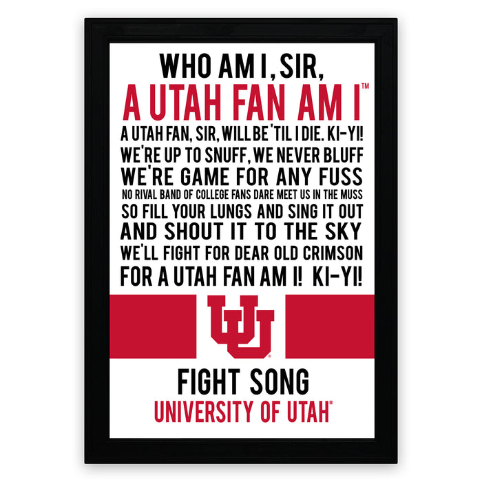 a framed poster with text that appears to be a humorous message from a Utah fan to a university. The text is in red and white colors and includes a reference to the University of Utah.