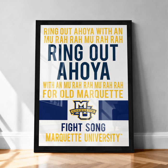 The image is a framed poster with text and logos related to Marquette University.