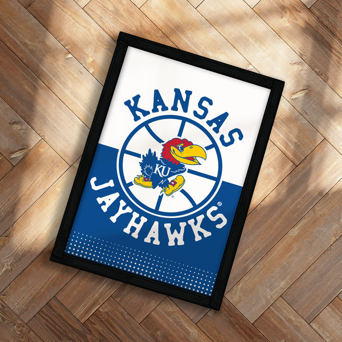 A framed poster featuring the Kansas Jayhawks logo, a bird with a yellow beak and blue and white colors.