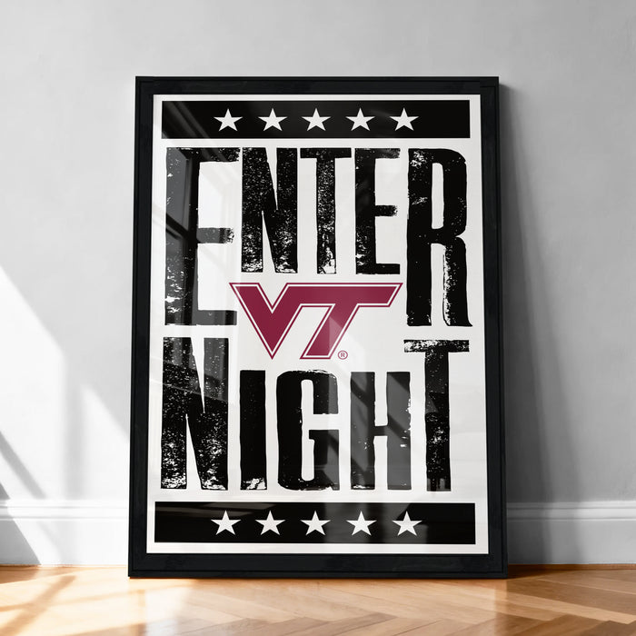 A framed poster with the text "ENTER NIGHT" and a graphic of a red "V" inside a black circle, surrounded by white stars.