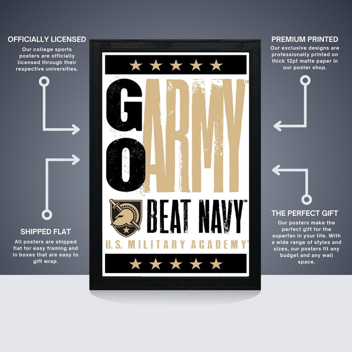 The image is a poster for the U.S. Military Academy, featuring the words "GO ARMY" and "BEAT NAVY" prominently displayed. The poster is described as " Officially licensed" and "Premium printed", indicating that it is a high-quality, professionally printed poster. The poster is also described as "Shipped flat" and "The perfect gift for the college sports fan", suggesting that it is a thoughtful and practical gift for those who appreciate military-themed items.