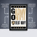 The image is a poster for the U.S. Military Academy, featuring the words "GO ARMY" and "BEAT NAVY" prominently displayed. The poster is described as " Officially licensed" and "Premium printed", indicating that it is a high-quality, professionally printed poster. The poster is also described as "Shipped flat" and "The perfect gift for the college sports fan", suggesting that it is a thoughtful and practical gift for those who appreciate military-themed items.