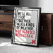a framed poster with a motivational quote in bold red and black text, placed on a carpeted floor next to a wooden chest.
