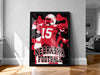 A framed poster of a football player in a red jersey with the number 15, representing the state of Nebraska.