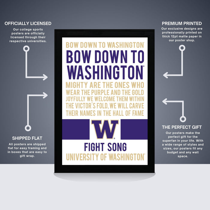 The image is a poster for the University of Washington's fight song, featuring a black background with white text and a purple and gold color scheme.