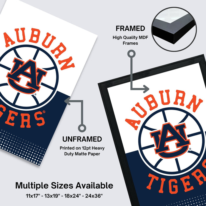 The image is a promotional poster for the Auburn Tigers, featuring the team's logo and text. It includes a comparison between a framed and an unframed version of the poster, highlighting the differences in size and quality. The poster is available in multiple sizes, including 11x17, 13x19, 18x24, and 24x36 inches.