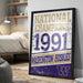 A framed poster celebrating the 1991 Washington Huskies national championship victory.