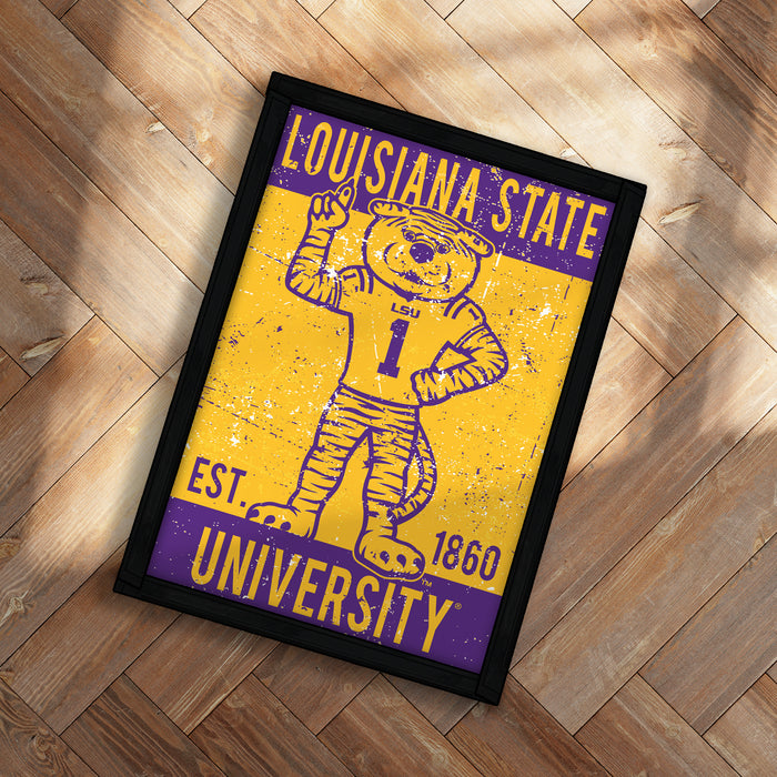 A framed poster featuring a cartoon tiger wearing a football uniform, with text indicating the Louisiana State University.