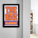 a framed poster with the text "THE ROCK CLAMS" and a paw print logo, hanging on a wall.