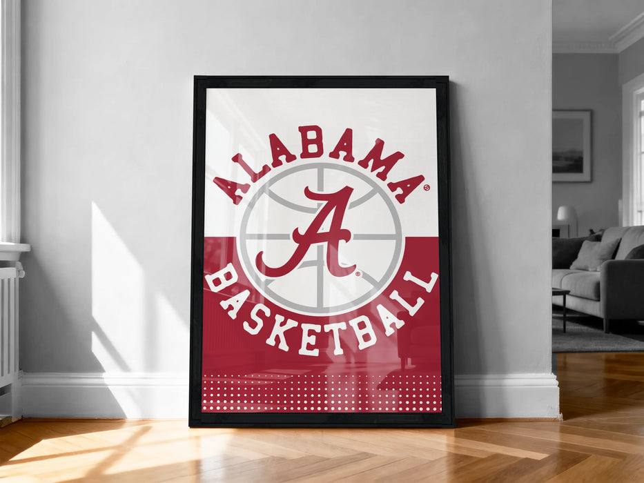 A framed poster of the Alabama basketball team logo is displayed on a wall in a room.
