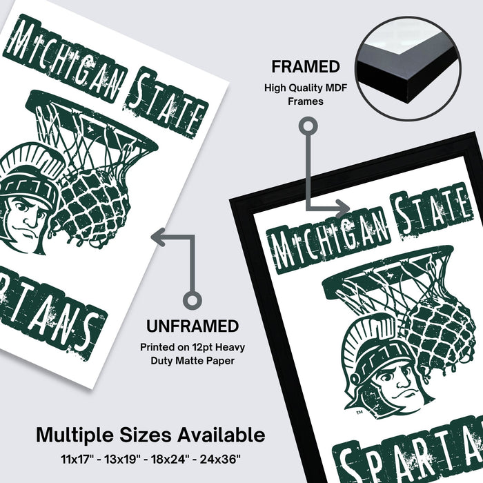 The image is a framed poster featuring the Michigan State Spartans logo, with a focus on the basketball net and the team's name.