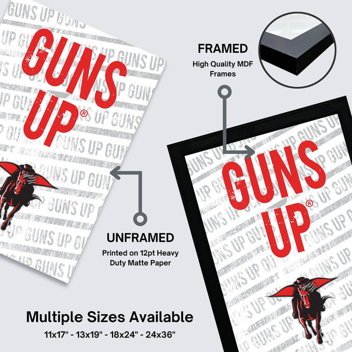 The image is an advertisement for framed and unframed prints of the phrase "GUNS UP GUNS UP" on heavy duty matte paper. It features two framed and two unframed prints, each with a different size ranging from 11x17 to 24x36 inches. The framed print is labeled as "FRAMED" and the unframed print is labeled as "UNFRAMED". The advertisement also mentions that multiple sizes are available, including 11x17 to 24x36 inches.