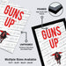 The image is an advertisement for framed and unframed prints of the phrase "GUNS UP GUNS UP" on heavy duty matte paper. It features two framed and two unframed prints, each with a different size ranging from 11x17 to 24x36 inches. The framed print is labeled as "FRAMED" and the unframed print is labeled as "UNFRAMED". The advertisement also mentions that multiple sizes are available, including 11x17 to 24x36 inches.
