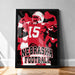 A framed poster featuring a football player in a red and white uniform with the number 15, along with the text "NEBRASKA FOOTBALL".