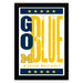 The image is a framed poster featuring the text "GO BLUE" in large letters, with the word "MICHIGAN" below it. The poster is framed in black and has a border with yellow stars.