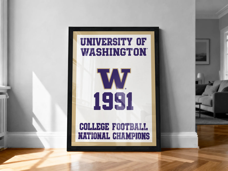 A framed poster on a wall celebrating the University of Washington's College Football National Champions in 1991.
