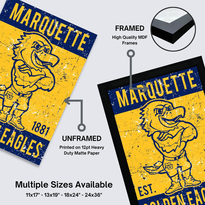The image is a framed poster featuring a yellow and blue design with a cartoon eagle, likely representing Marquette University. The poster is labeled as an unframed print, printed on 12pt heavy duty matte paper, and is available in multiple sizes, including 11x17, 13x19, 18x24, and 24x36 inches.