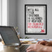 a framed poster with the text "WE'LL ALL STICK TOGETHER, IN ALL KINDS OF WEATHER, FOR DEAR OLD NEBRASKA U" on a wall. In the foreground, there is a person using a laptop, and a coffee mug is visible on a desk.