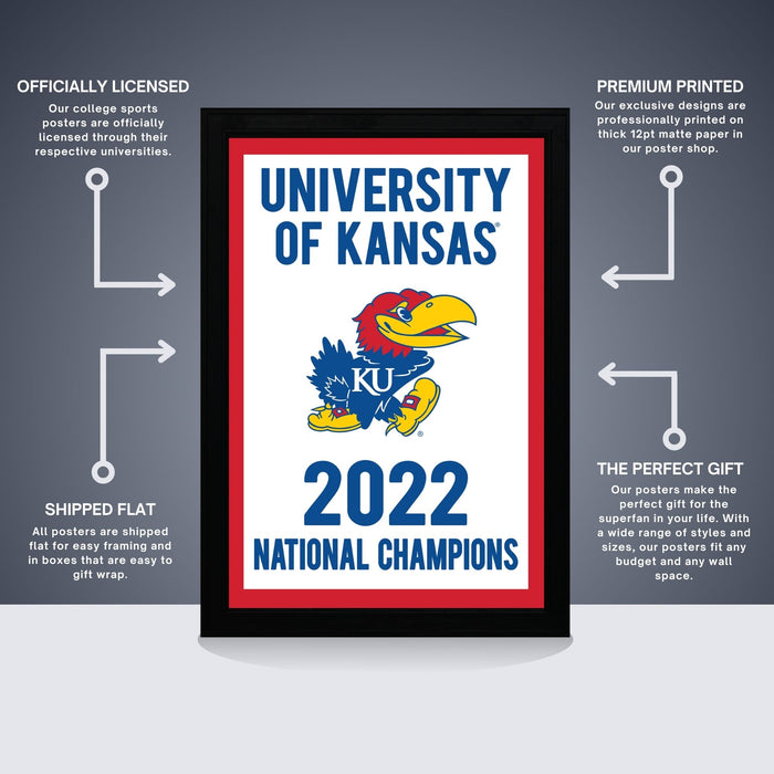 The image is a poster for the University of Kansas' National Champions, featuring a college sports poster with a college sports logo and text.