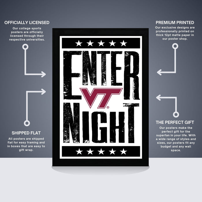 The image is a poster for "ENTER NIGHT", which is a college sports poster. The poster is officially licensed and is a premium printed poster. It is a flat, shipped poster that is easy to gift wrap. The poster features a large, bold text with a star design, and it is a perfect gift for the college sports community.