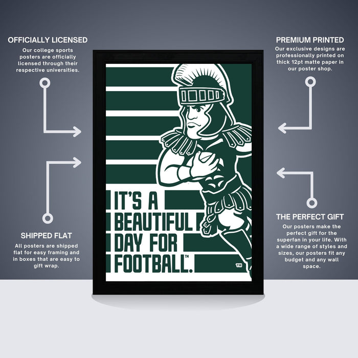 The image is a framed poster featuring a graphic of a person in a military uniform, with text that reads "It's a beautiful day for football." The poster is described as "officially licensed" and "Premium printed," indicating that it is a high-quality, professionally designed poster. The poster is also described as "shipped flat" and "all posters are shipped in boxes that are easy to gift wrap."