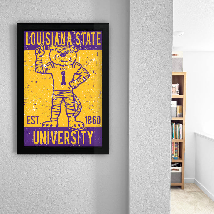 A framed poster of a tiger mascot from Louisiana State University, with the text "LOUISIANA STATE EST. 1860 UNIVERSITY" printed on it.