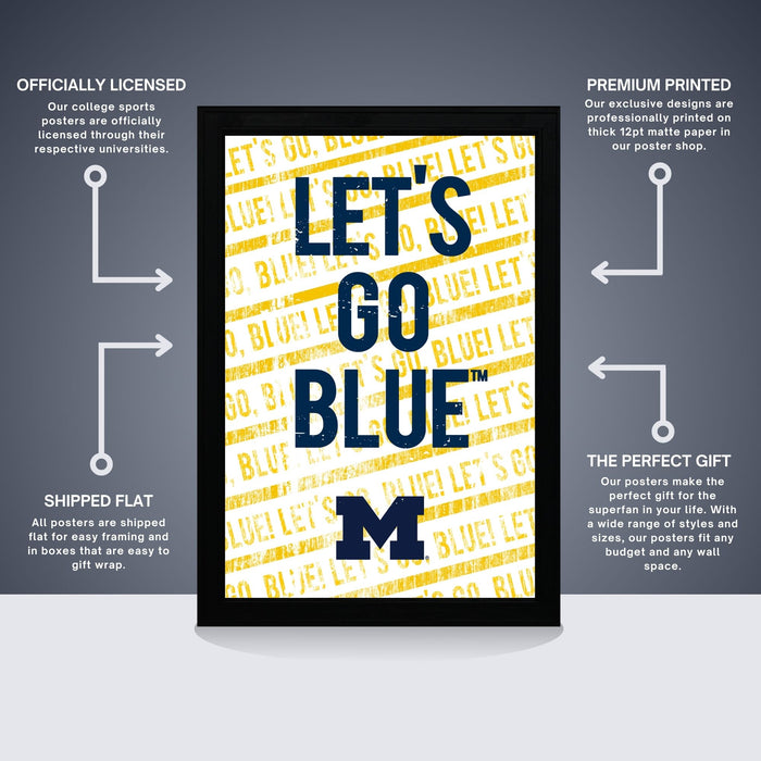 The image is a poster featuring the text "Let's go blue" in a bold, yellow font against a black background. The poster is described as " Officially licensed" and " Premium printed", indicating that it is a high-quality, professionally printed poster. The poster is also referred to as a "Shipped Flat" and "The perfect gift", suggesting that it is a thoughtful and practical present.