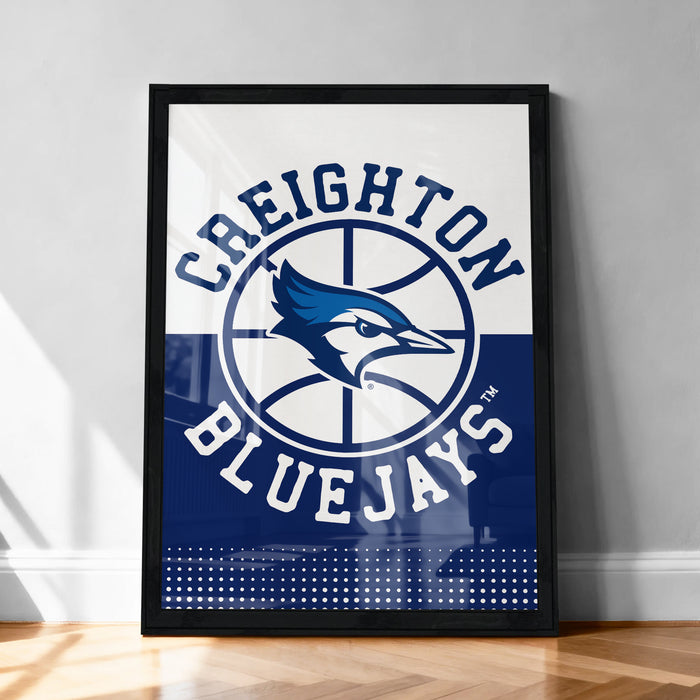 A framed poster of the Creighton Bluejays basketball team, featuring the team's logo and name.