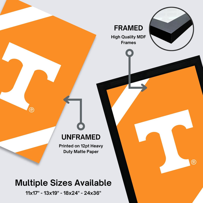 The image is a promotional graphic for framed and unframed prints of the University of Tennessee logo. It features two images of the logo, one framed and one unframed, along with text indicating the differences between the two options.